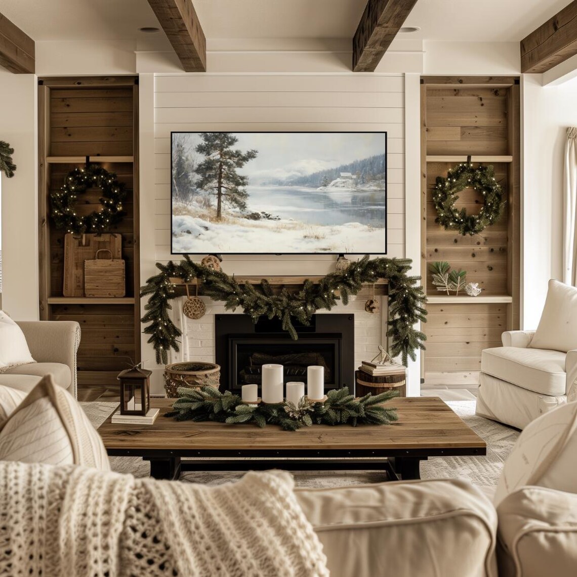 Winter Lake Landscape Rustic Holiday Art Print - Image 4