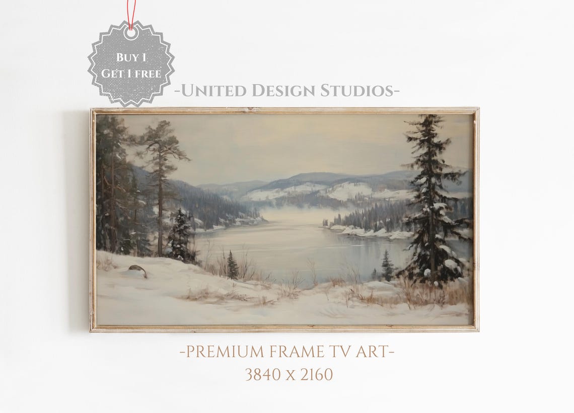 Snowy Winter Mountain Lake Painting Pine Forest Landscape Poster