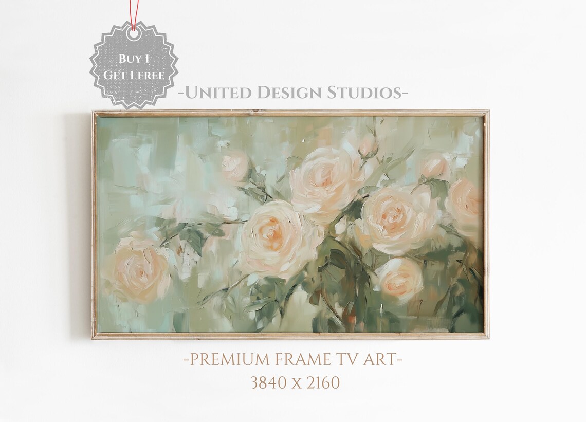 Cream And Blush Roses Oil Painting Sage Green Botanical Wall Art