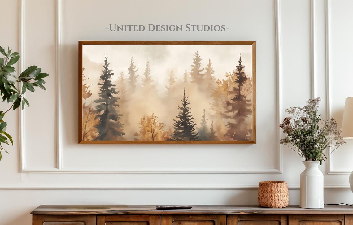 Misty Autumn Pine Forest Golden Fall Watercolor Landscape Poster - Image 4