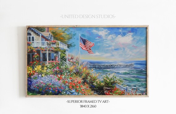 American Flag Coastal Cottage Flower Garden Ocean Pier Bright Summer Poster