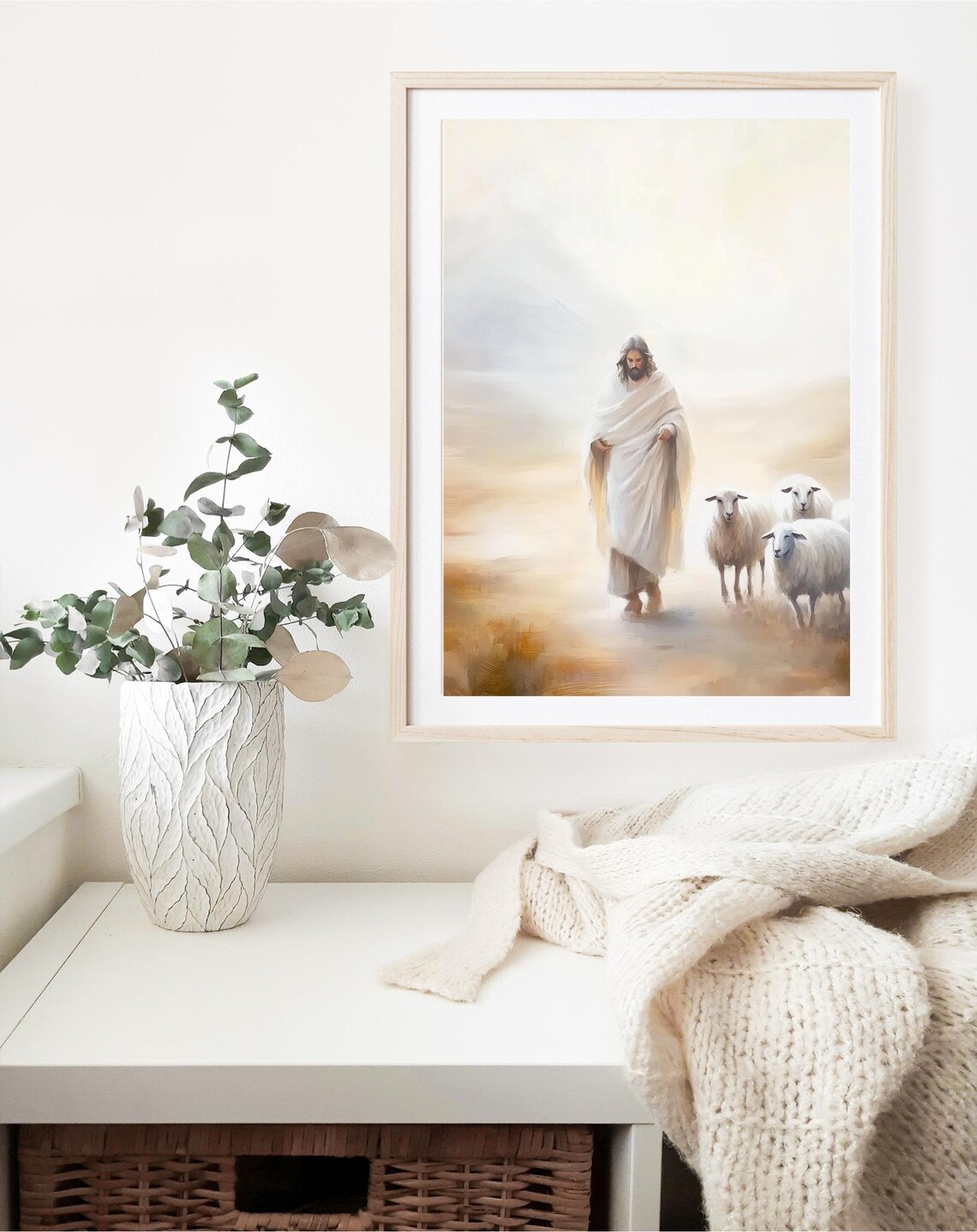 Jesus With Sheep Good Shepherd Misty Golden Field Soft Oil Painting Poster - Image 4