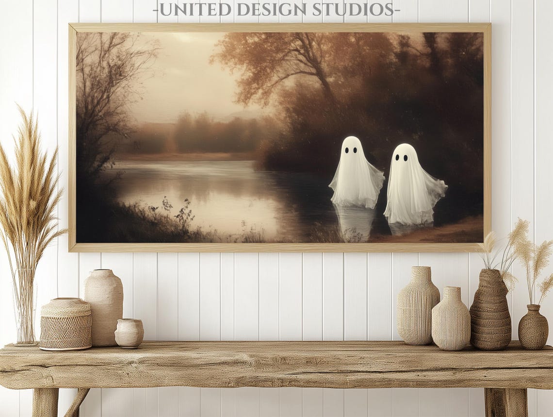 Two Cute Ghosts Misty Lake Vintage Sepia Spooky Halloween Scene Poster - Image 2