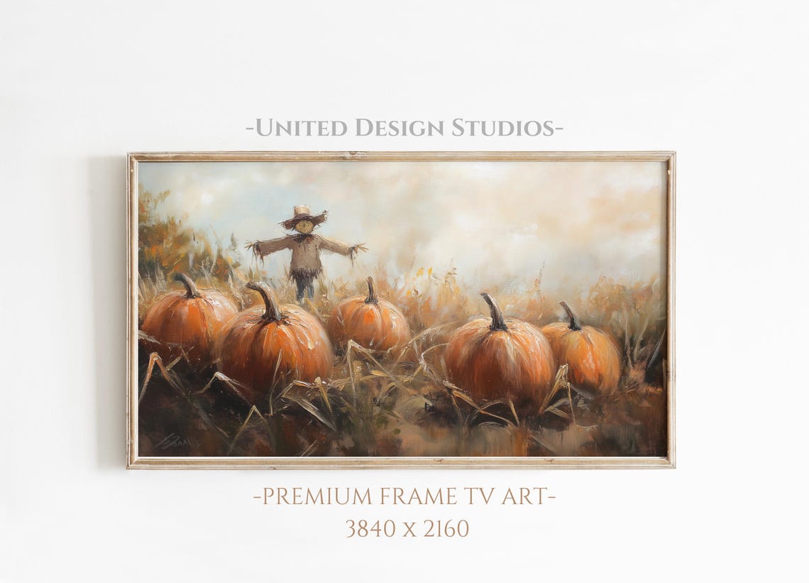 Scarecrow In Golden Pumpkin Patch Fall Harvest Farmhouse Wall Art