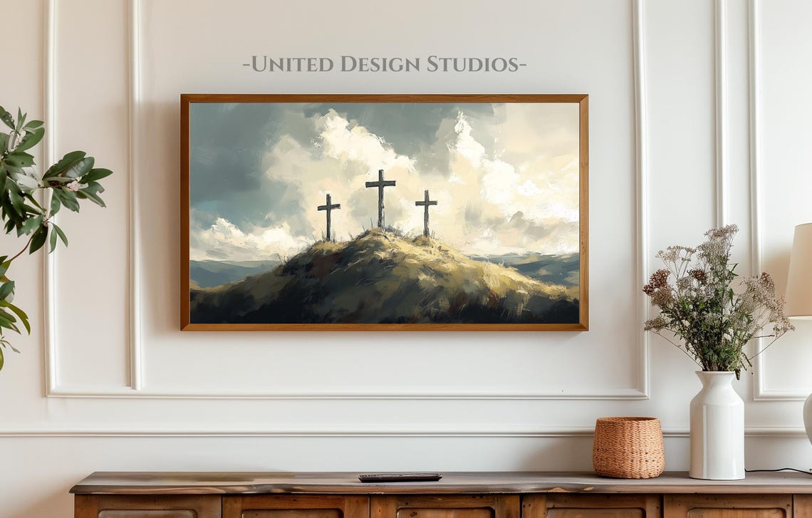 Three Crosses On Calvary Hill Moody Storm Clouds Christian Poster - Image 3