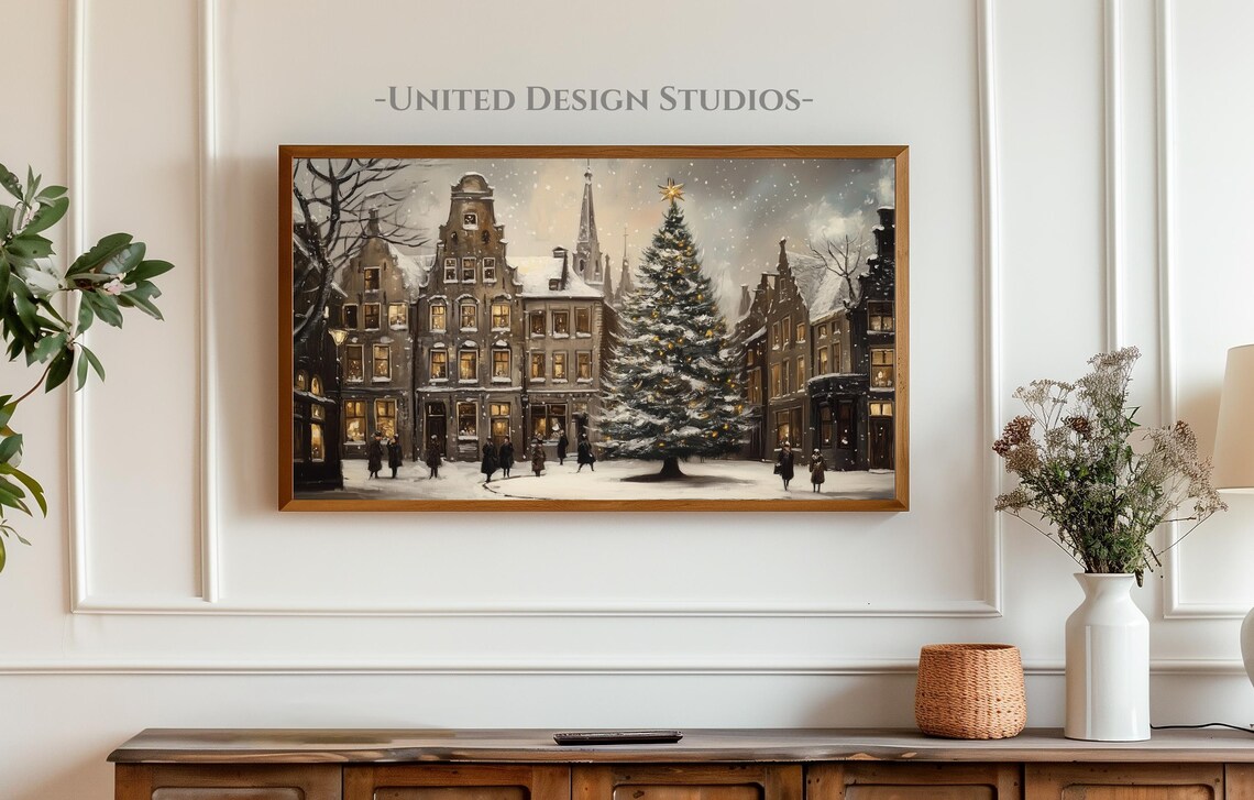 Snowy Christmas Village, Winter Holiday Art Print - Image 3