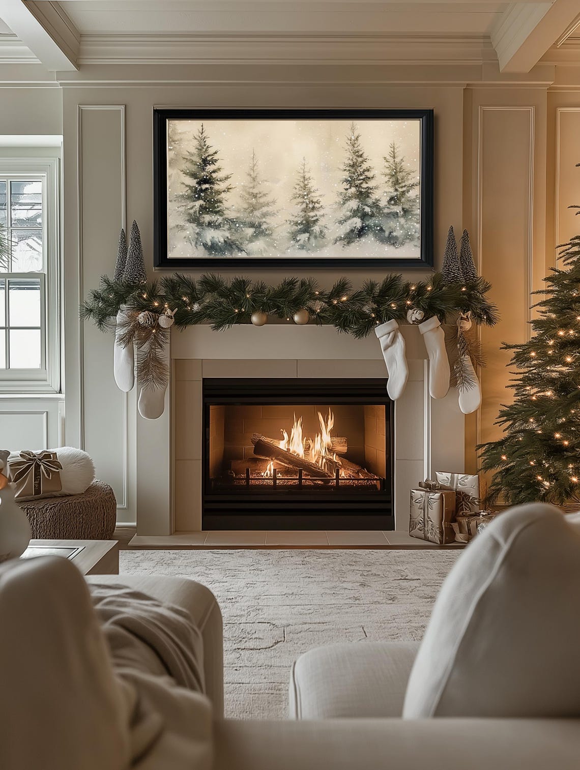 Snowy Evergreen Trees Watercolor Falling Snow Neutral Winter Poster - Image 2