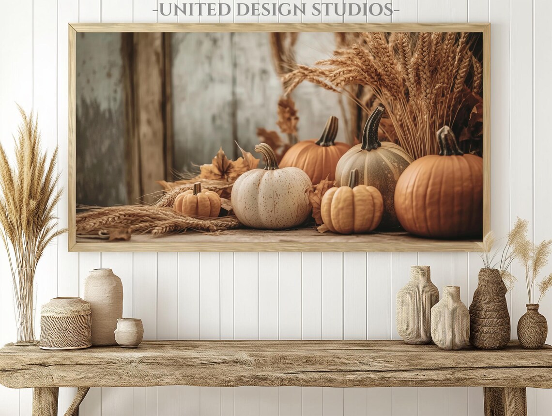 Rustic Pumpkins Wheat Stalks Farmhouse Table Warm Autumn Harvest Art Print - Image 2