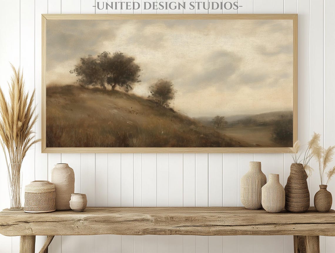 Moody Neutral Fall Hillside Trees Vintage Landscape Painting Print - Image 2