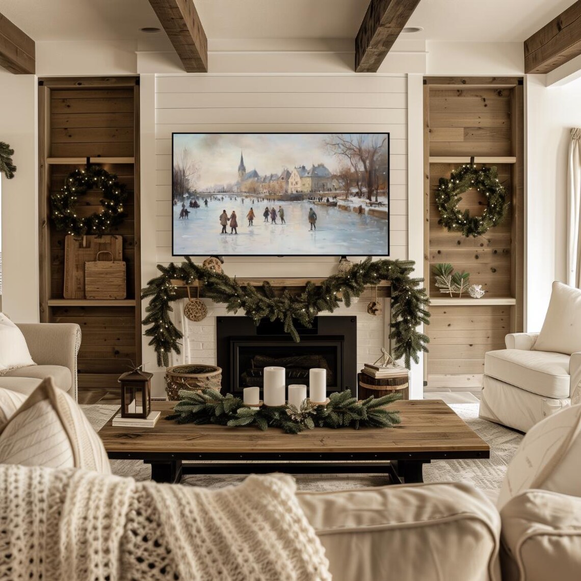 Christmas Ice Skater Village Winter Landscape Art Print - Image 4