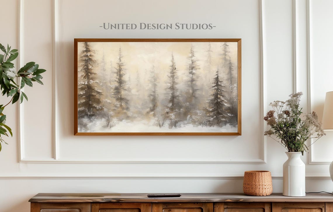 Winter Frame Tv Art Neutral Winter Landscape Painting Of Evergreen Trees For Frame Tv Holiday Frame Tv Art Farmhouse Winter Tv Art - Image 3