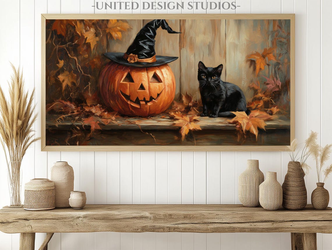 Halloween Pumpkin Witch Hat Black Cat Vintage Painting Art Print - Image 2