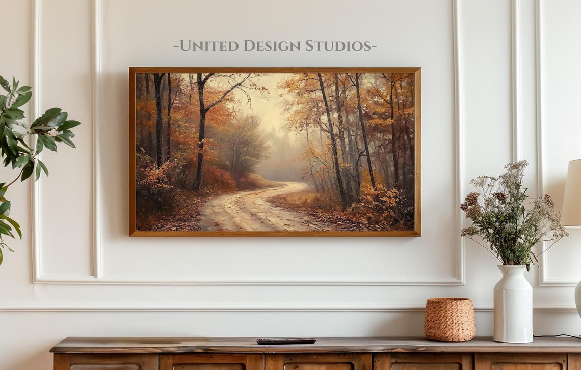 Misty Autumn Forest Road Golden Fall Trees Foggy Path Painting Poster - Image 3