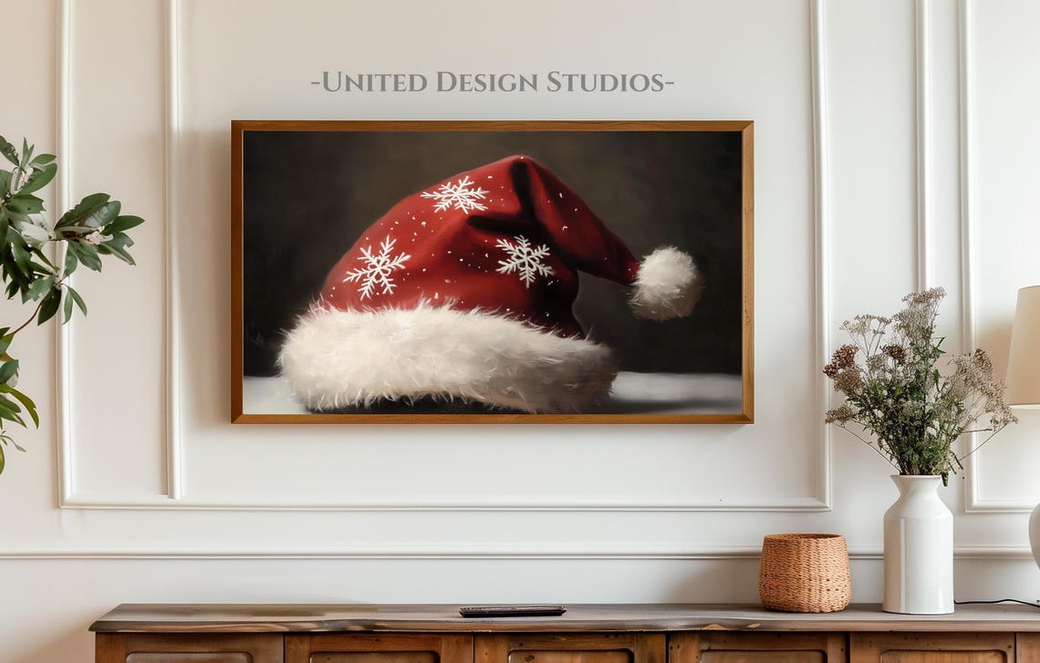 Christmas Frame Tv Art Holiday Frame Tv Art Santas Hat Tv Art Santa Claus Hat Moody Painting For Tv Farmhouse Christmas - Image 3