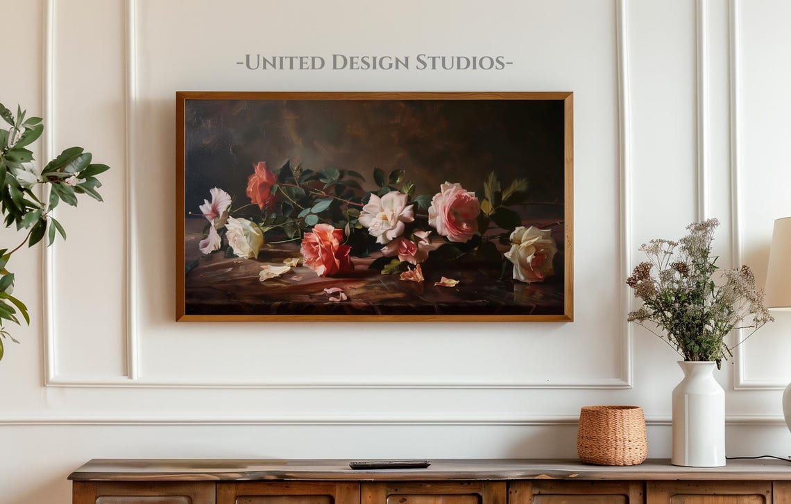 Scattered Roses Dark Background Romantic Still Life Oil Poster - Image 4
