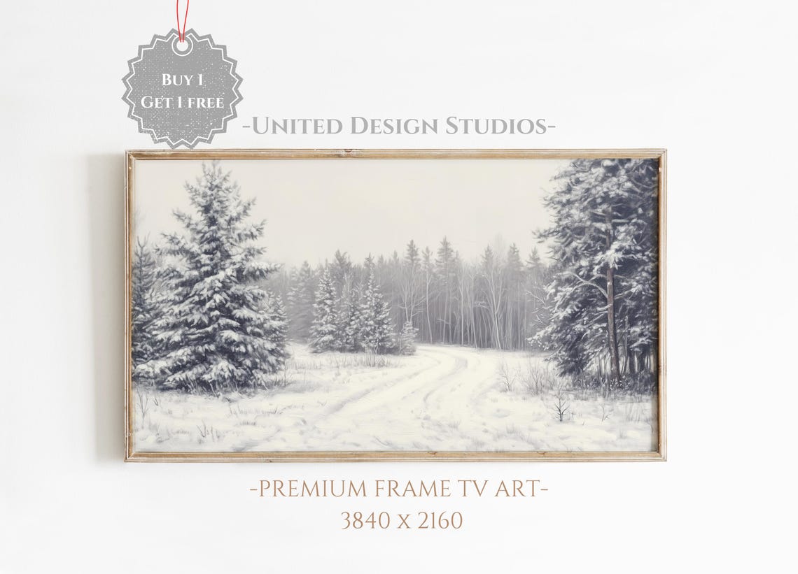 Snowy Pine Forest Winter Road Neutral Monochrome Landscape Poster