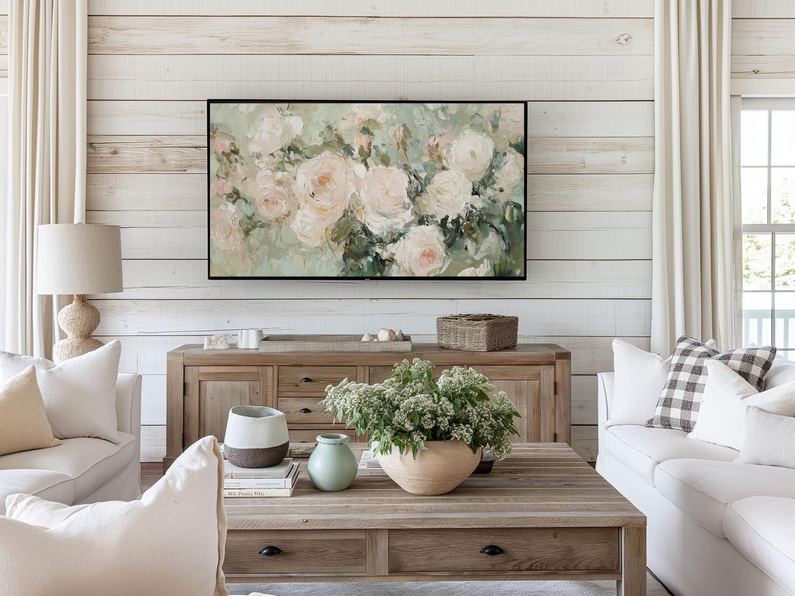 Blush Pink Roses Botanical Textured Oil Painting Frame TV Art Poster - Image 2