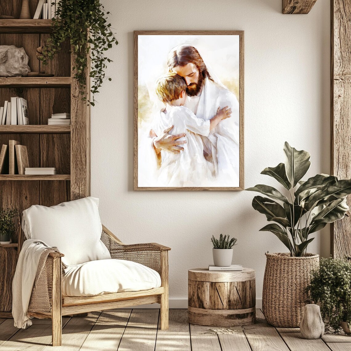 Jesus Holding Young Boy Close Watercolor Comfort Christian Faith Art Poster - Image 2