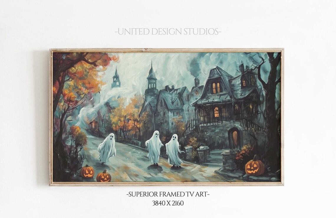 Spooky Halloween Town Ghosts Haunted Houses Vintage Art Print