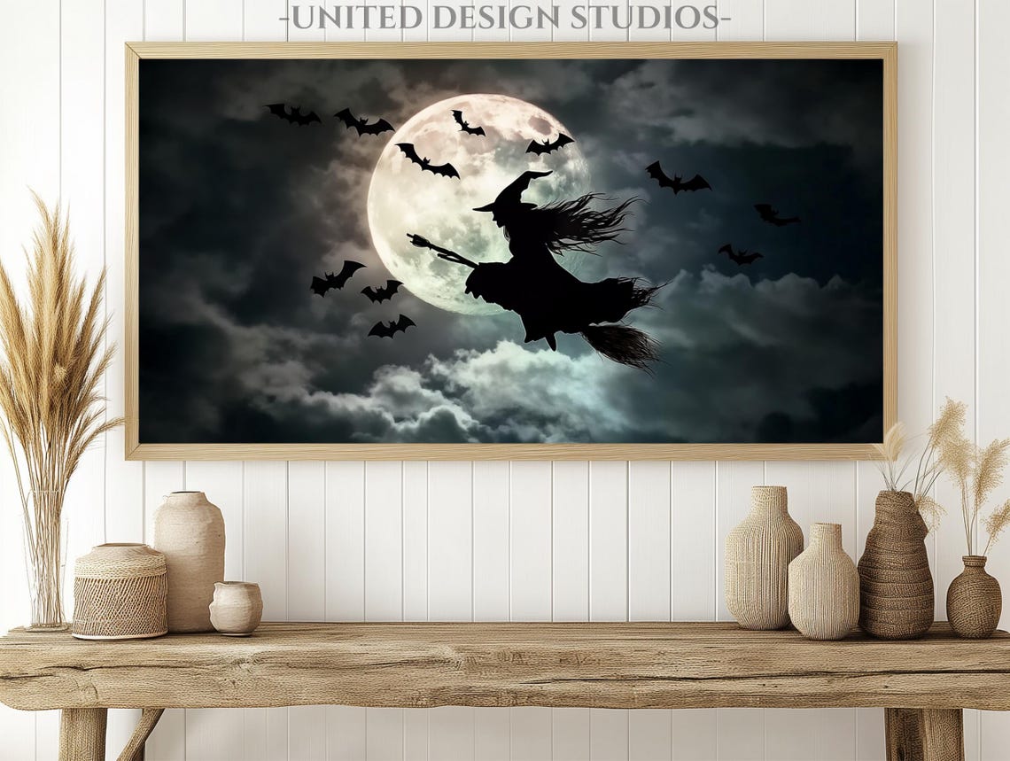 Witch Flying Full Moon Bats Night Sky Spooky Halloween Wall Art - Image 2