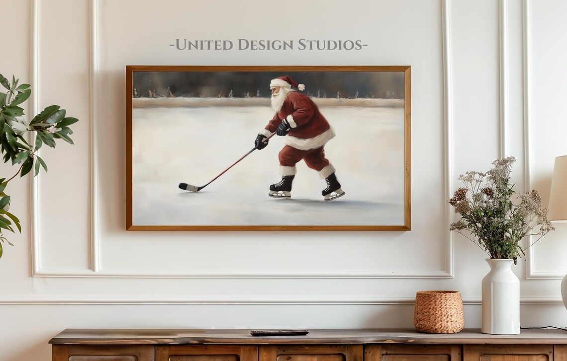 Santa Playing Hockey Christmas Art Print, Classic Santa - Image 4