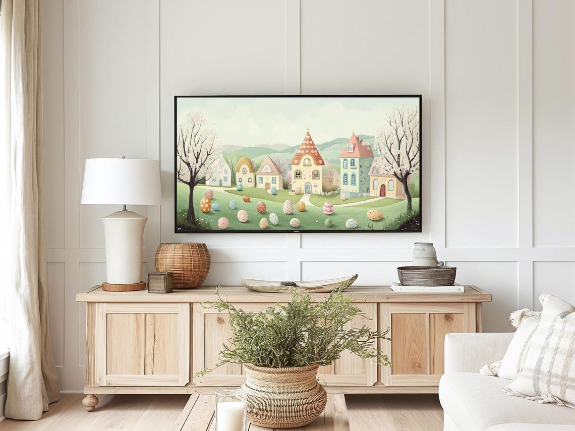 Easter Village With Painted Eggs Pastel Spring Town Wall Art - Image 4