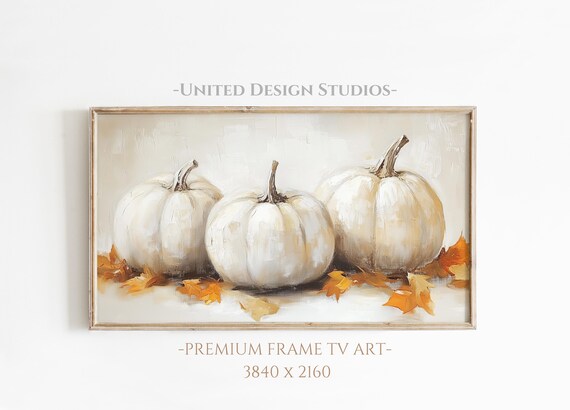 Three White Pumpkins Orange Leaves Rustic Neutral Fall Frame TV Art Poster