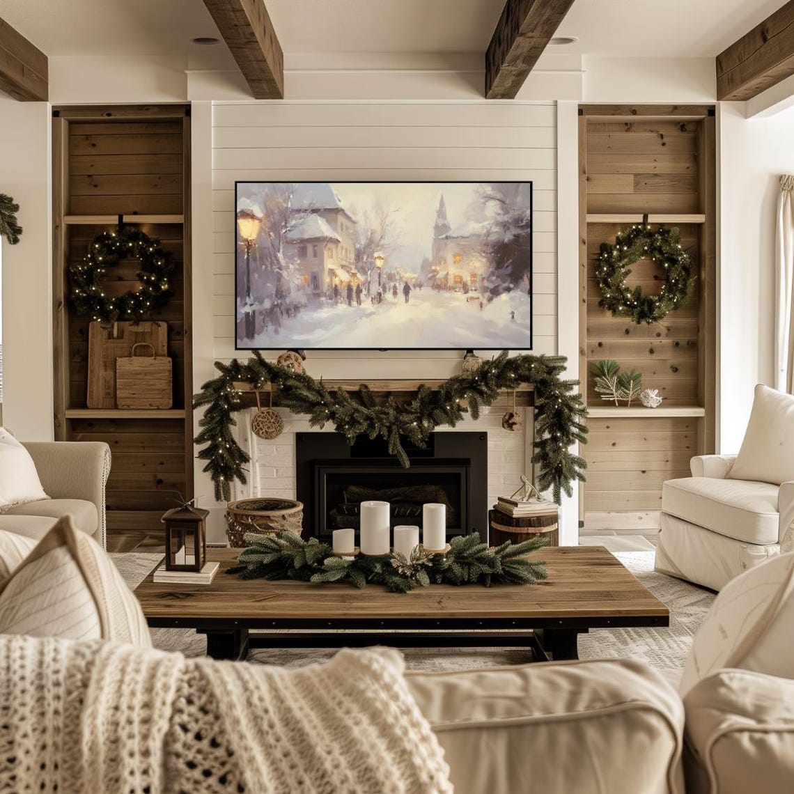 Frame Tv Winter Art Snowy Winter Town Painting For Frame Tv Farmhouse Winter Tv Art Frame Tv Christmas Art Cottagecore Winter Tv Art - Image 5