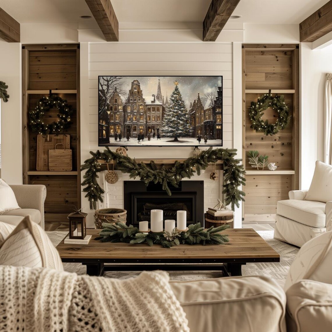 Snowy Christmas Village, Winter Holiday Art Print - Image 4