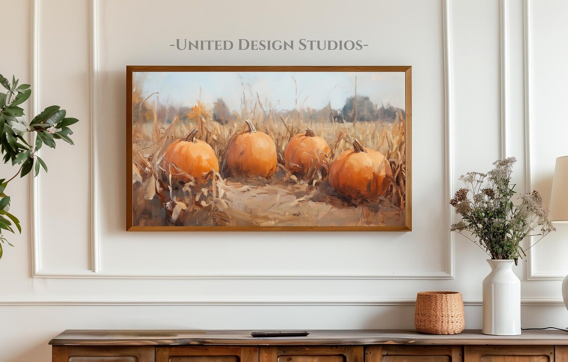 Pumpkin Patch Field Orange Pumpkins Corn Stalks Fall Frame TV Art Poster - Image 3