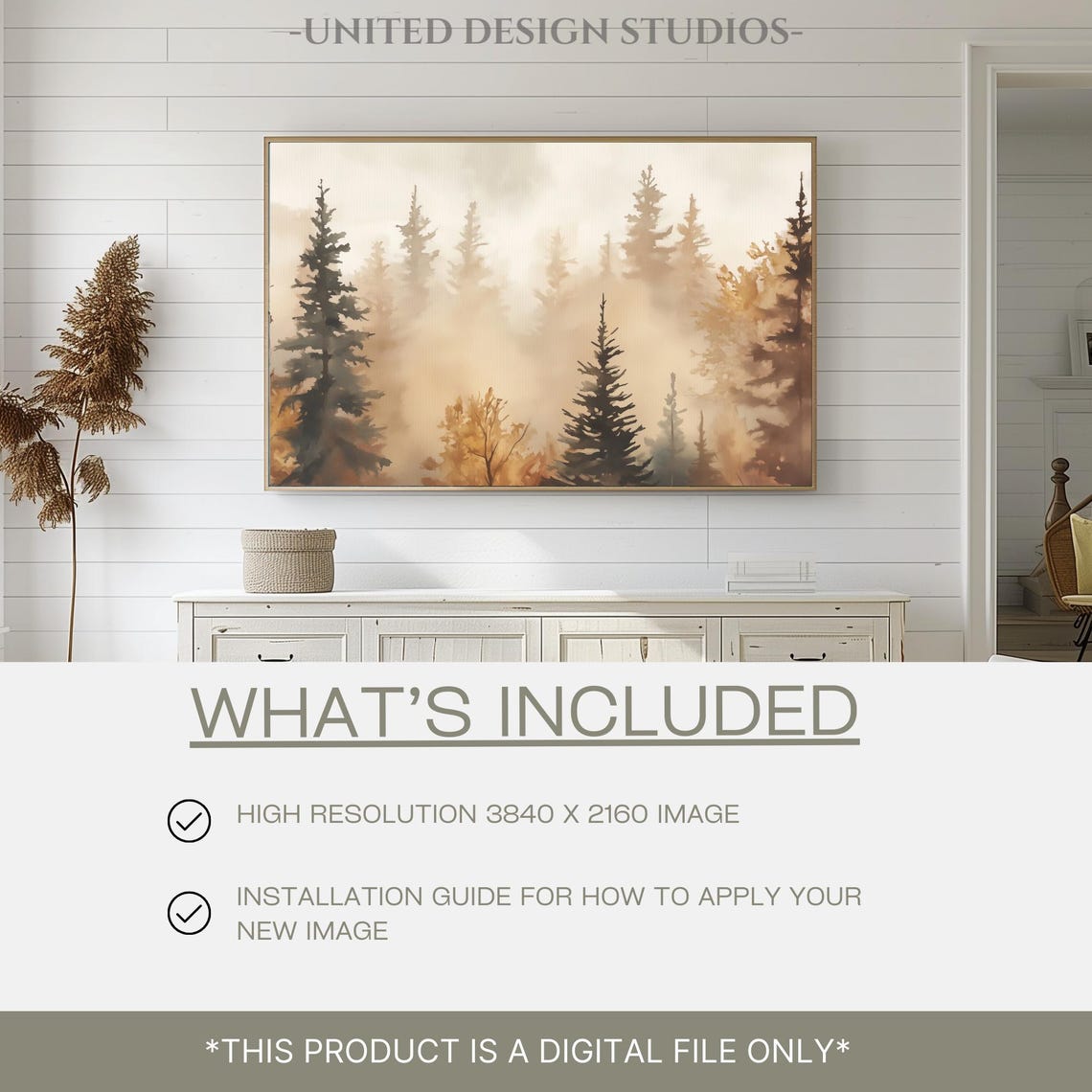 Misty Autumn Pine Forest Golden Fall Watercolor Landscape Poster - Image 2