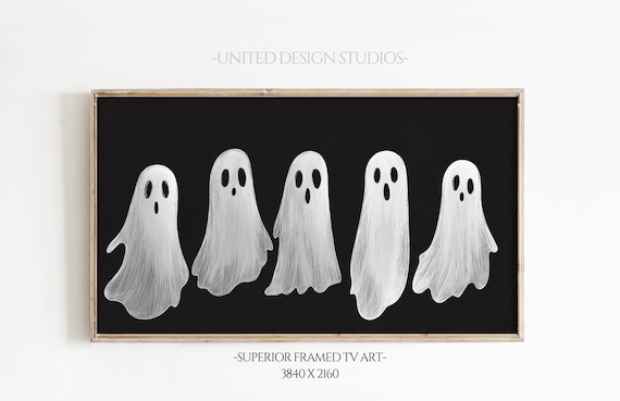 Five White Ghosts Black Background Minimalist Cute Halloween Poster