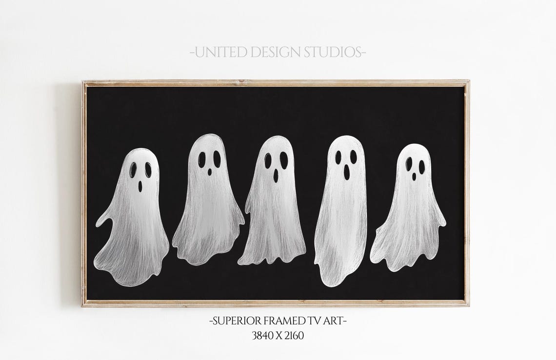 Five White Ghosts Black Background Minimalist Cute Halloween Poster