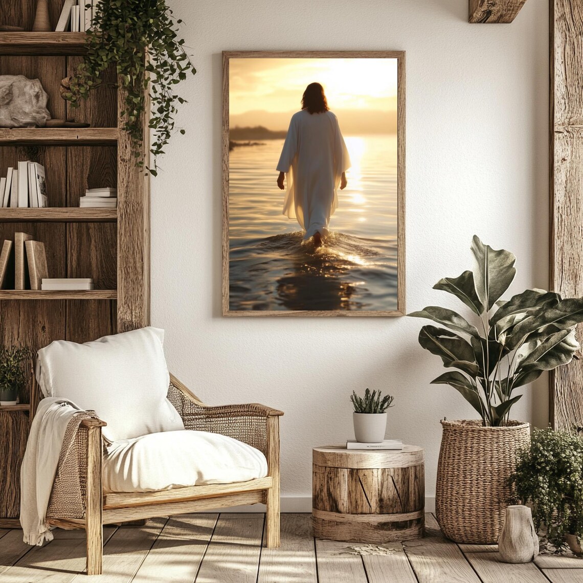 Jesus Walking On Water Sunrise Golden Light Christian Faith Art Poster - Image 2
