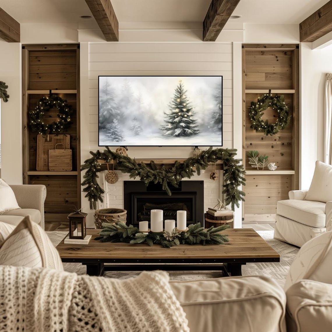 Neutral Christmas Tree Snow Forest Glowing Lights Winter Wall Art - Image 4
