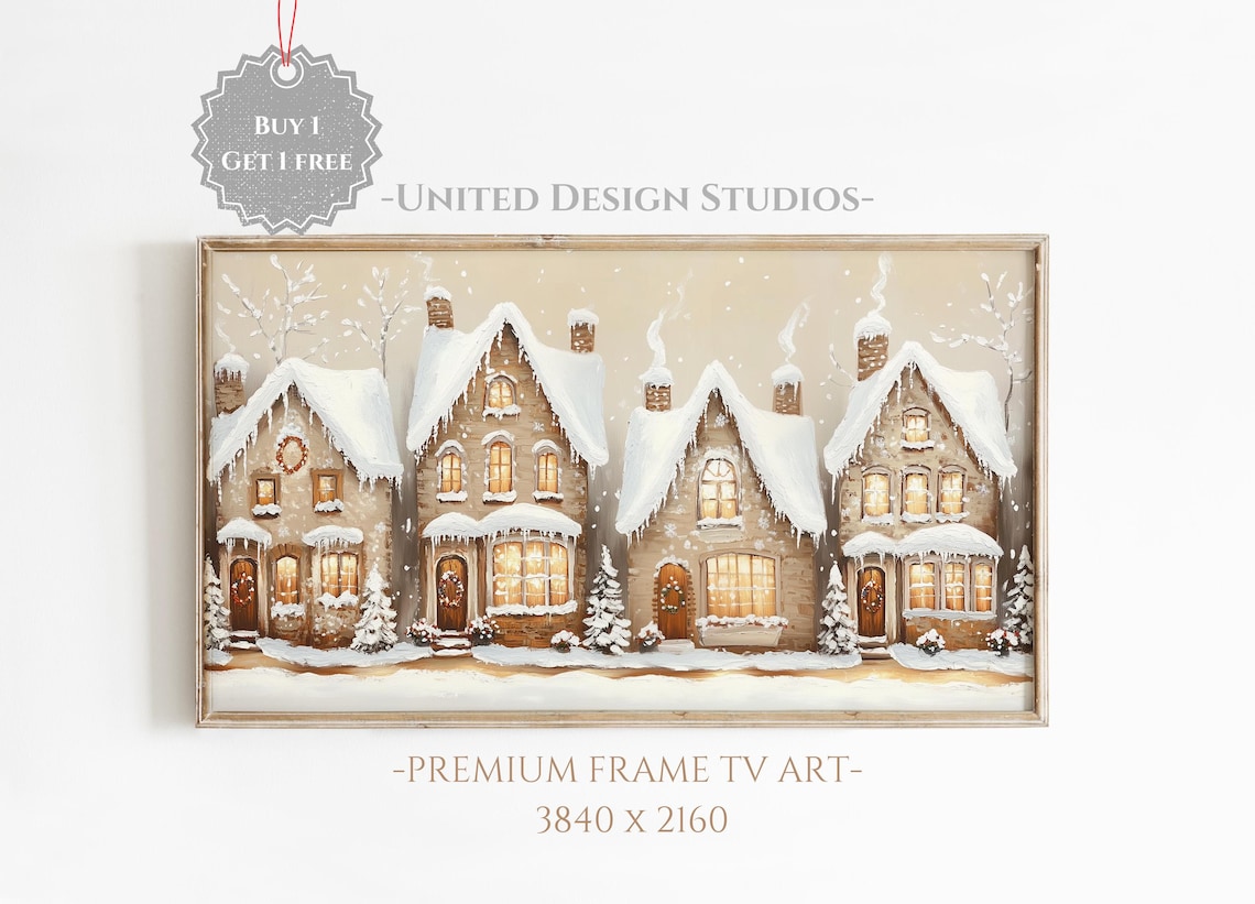 Christmas Village Houses Snow Glowing Windows Storybook Town Poster