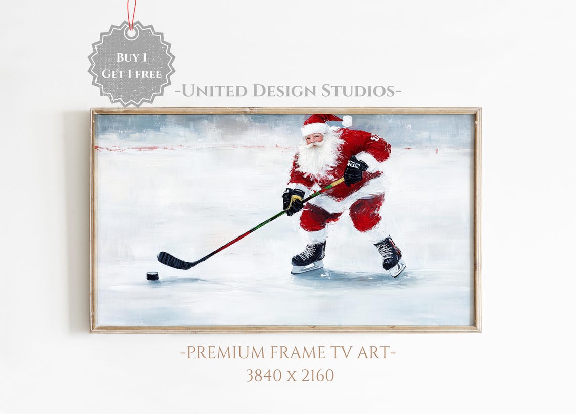 Christmas Frame Tv Art Oil Painting Of Santa Playing Hockey Frame Tv Christmas Art Holidays Frame Tv Art Classic Santa Art
