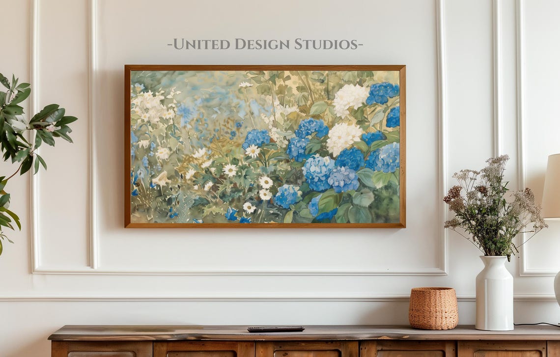 Spring Frame Tv Art Blue Wildflowers Watercolor Floral Painting Tv Picture Botanical Frame Tv Art Blue And White Flowers Green Garden Art - Image 4