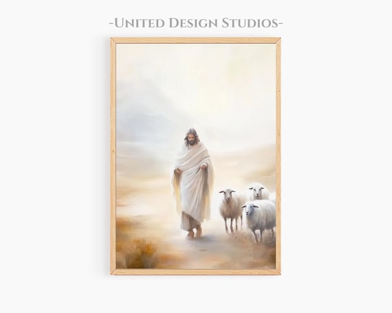 Jesus With Sheep Good Shepherd Misty Golden Field Soft Oil Painting Poster