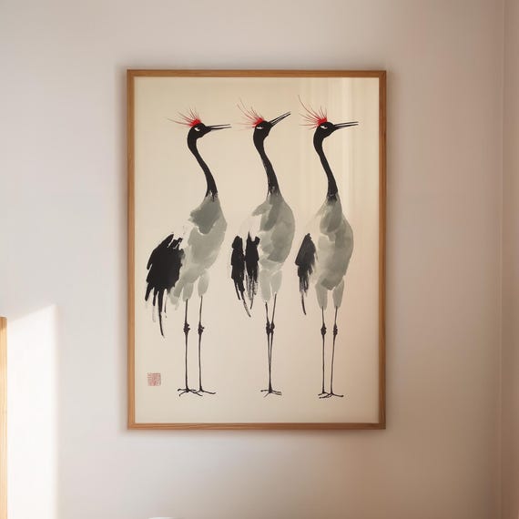 Japanese Crane Wall Art Minimalist Ink Style Bird Canvas Asian Zen Red Crowned Print For Tranquil Nature Inspired Home Decor