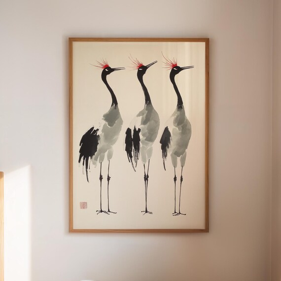 Three Red Crowned Cranes Japanese Ink Wash Style Bird Poster