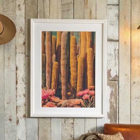 Golden Cactus Forest With Blooming Pink Desert Flowers Poster