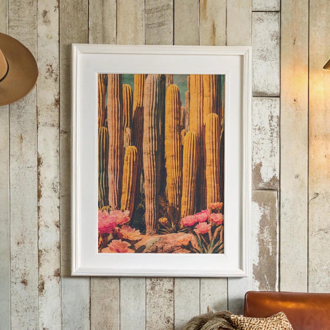 Golden Cactus Forest With Blooming Pink Desert Flowers Poster