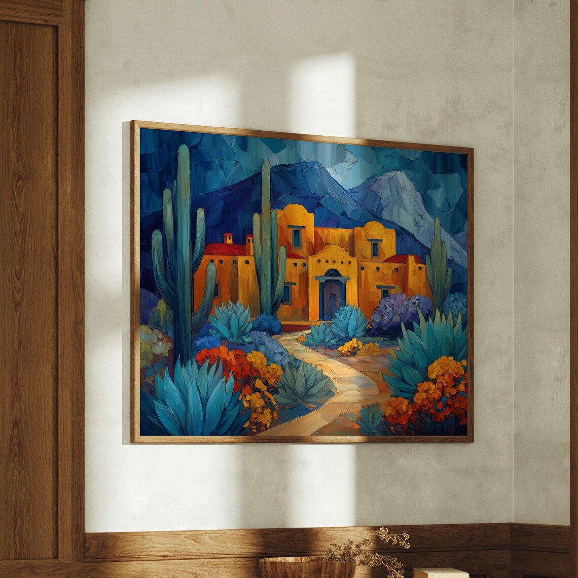 Southwest Adobe Hacienda Saguaro Cactus Desert Landscape Poster