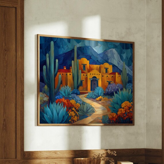 Southwest Adobe Hacienda Saguaro Cactus Desert Landscape Poster
