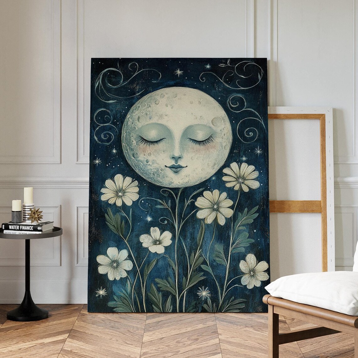 Smiling Sleeping Moon Over Wildflowers Starry Night Folk Art Poster