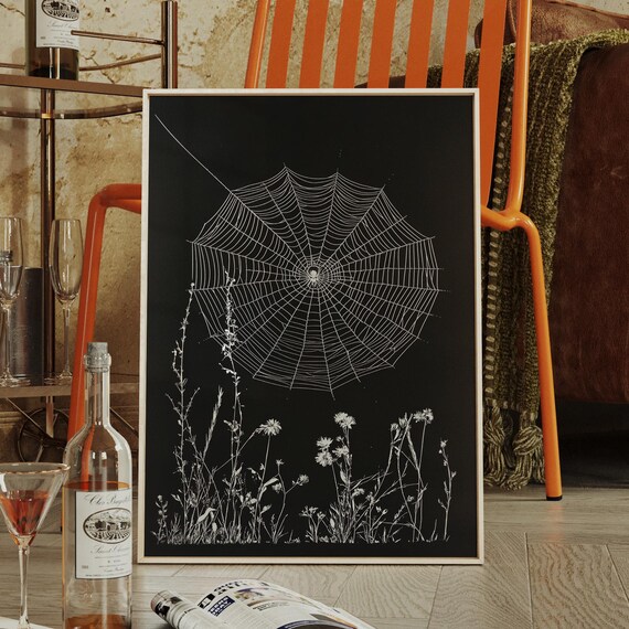 Spider Web Over Wildflowers Black And White Gothic Nature Poster