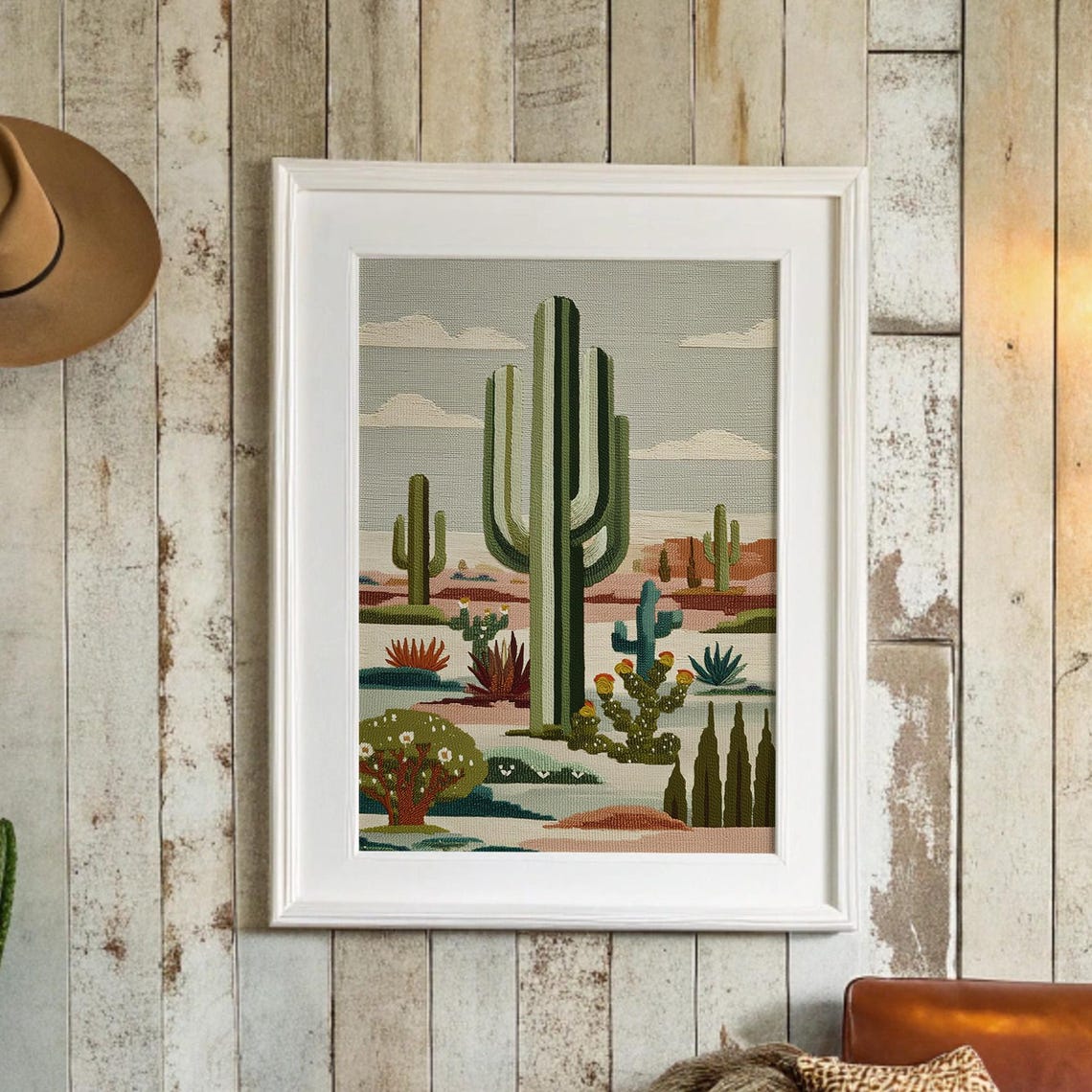 Desert Saguaro Cactus Embroidery Style Textured Southwest Art Poster