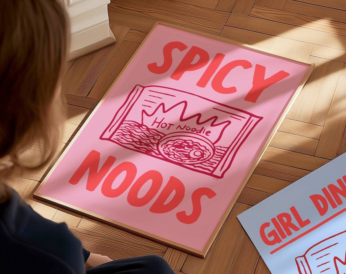 Pink Spicy Noods Hot Instant Noodle Packet Retro Kitchen Wall Print - Image 2