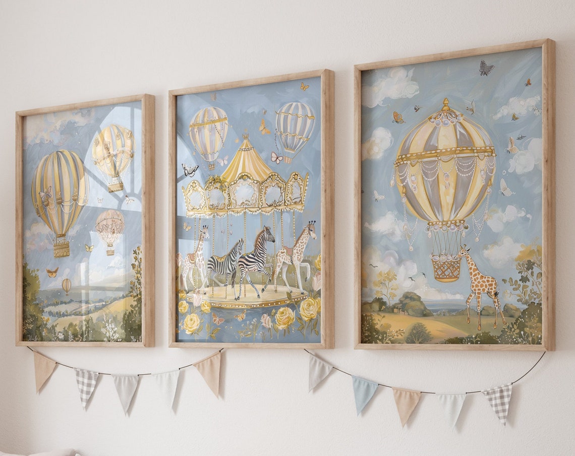 Whimsical Carousel and Balloon Nursery Set 3 Piece Kids Room Wall Art